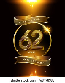 62 anniversary logo with golden ring and ribbon colored isolated on black background, vector design for party greeting card and invitation card. celebration logotype template