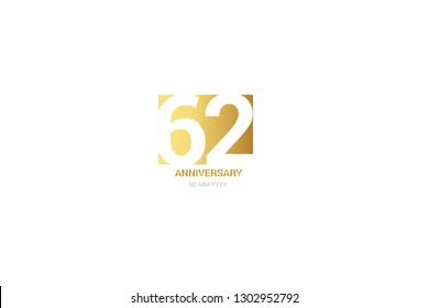 62 anniversary, minimalist logo. Tenth years, 62 jubilee, greeting card. Birthday invitation. 62 year sign. Gold space vector illustration on white background - Vector