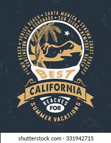 62 BEST CALIFORNIA BEACHES FOR SUMMER VACATIONS. Handmade Palms trees retro style. Design fashion apparel textured print. T shirt graphic vintage grunge vector illustration badge label logo template. 