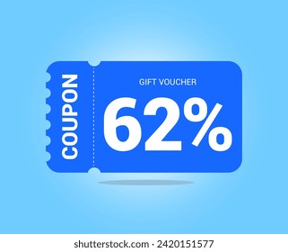 62% coupon promotion sale. Sixty two percent Vector Gift Voucher. Blue discount, lucky ticket, special offer promo. Web, shopping label, percent sign. Special price offers.