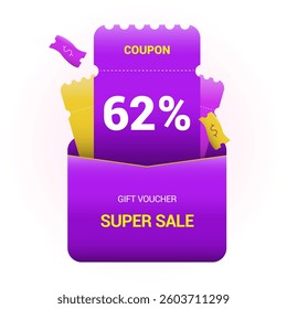 62% coupon promotion sale. Sixty two percent off super sale design. Envelope with paper vouchers and gift voucher. Vector illustration. Purple and yellow style.