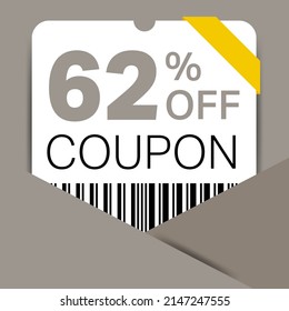 62% Coupon promotion sale for a website, internet ads, social media gift 62% off discount voucher. Big sale and super sale coupon discount. Price Tag Mega Coupon discount with vector illustration.