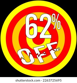 62% de descuento, objetivo en rojo y amarillo sobre fondo negro.