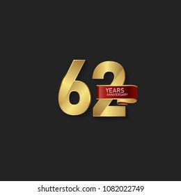 62 Gold anniversary celebration with red ribbon isolated on black background