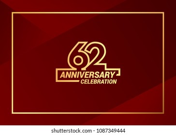 62 gold anniversary celebration vector  design with simple line style, isolated on red background can be used as  celebration event item and element