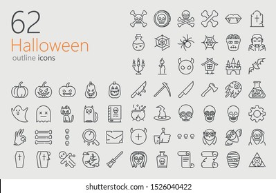 62 Halloween outline icons for mobile, web apps, presentations.