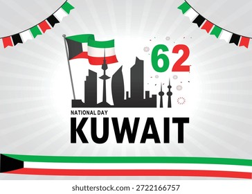 62 Día Nacional de Kuwait (traducción de texto en árabe). 25 de febrero. Ilustración vectorial.