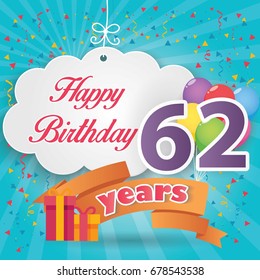 62 nd birthday celebration greeting card origami paper art design, birthday party poster background with clouds, balloon, ribbon and gift box full color. sixty two years anniversary celebrations