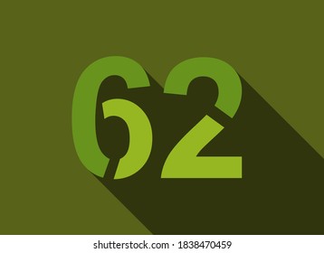 62 Number with long shadow, green colors cutting style. For logo, brand label, design elements, corporate identity, application & more. Vector editable illustration.