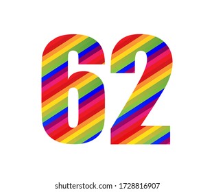 62 Number Rainbow Style Numeral Digit. Colorful Sixty Two Number Vector Illustration Design Isolated on White Background.