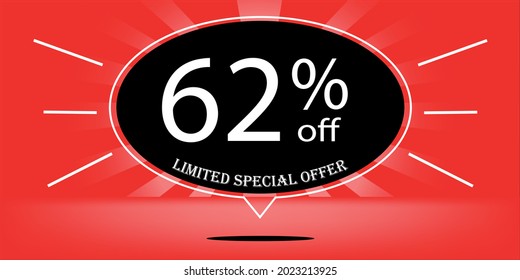 62% de globo negro y rojo, para oferta especial limitada, banner rojo para ofertas especiales de promociones