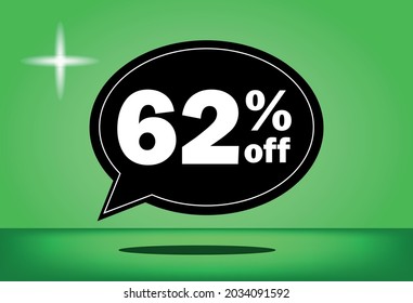 62% off - black and green floating balloon - with green background - banner for discount and reduction promotional offers