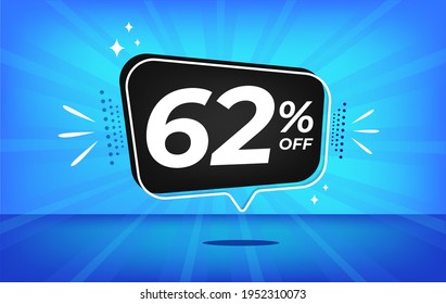 62% off. Blue banner with sixty-two percent discount on a black balloon for mega big sales.