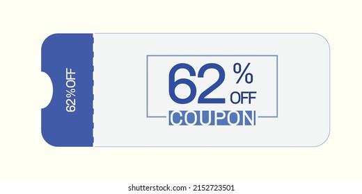 62% fuera del vector de cupón.Cupón de descuento de 62%. Los colores azul y gris.  Cupón perfeccionado. Fondo blanco.