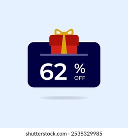 62% de desconto no cartão-presente. Sessenta e dois por cento de desconto na caixa de presente. Ilustração vetorial. Ícone plano.