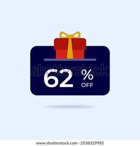 62% off Gift card Discount. Sixty two percent off gift box. Vector illustration. Flat icon.