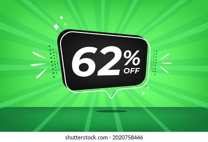 62% de descuento. Banner verde con un descuento del sesenta y dos por ciento en un globo negro para grandes ventas.