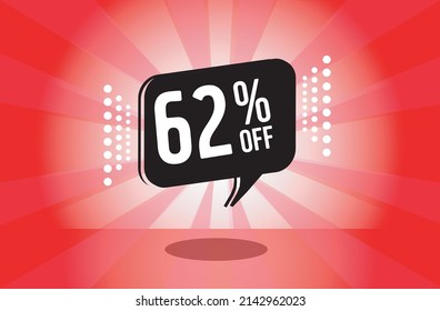 62 % Rabatt. rotes Banner mit 62 % Rabatt auf einen schwarzen Ballon für Mega-Big-Umsatz.