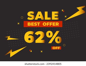 62% off sale best offer. Sale banner with sixty two percent of discount, coupon or voucher vector illustration. Yellow and red template for campaign or promotion.