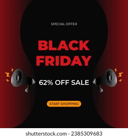 62% off sale Black Friday header with special offer advertising. Sixty two. Promotional banner with discount and loudspeakers. Vector illustration.