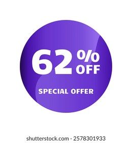 62% off. Sixty two percent off, Special Offer. Discount sale banner design template. Discount tag. Vector illustration. Purple Design.