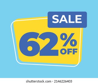 62% fuera de la etiqueta sesenta y dos por ciento de descuento venta carta azul fondo amarillo