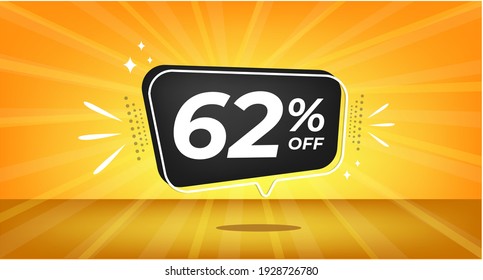 62% off. Yellow banner with sixty-two percent discount on a black balloon for mega big sales.