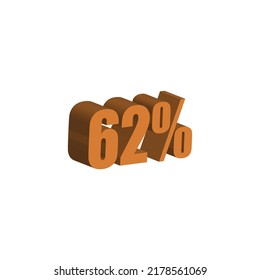 62 percent 3D orange text. 62% 3D text on white background. Sixty-two percent Special offer, discount and percentage tag vector