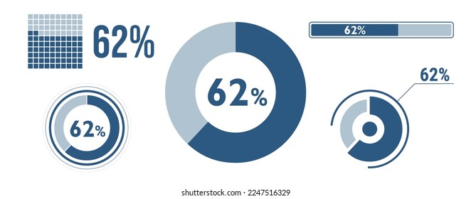 62 percent loading data icon set. Sixty-two circle diagram, pie donut chart, progress bar. 62% percentage infographic. Vector concept collection, blue color.