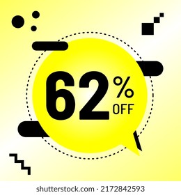 62 percent off, big promotion, yellow balloon black detail