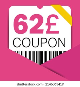 62 Pound Coupon promotion sale for a website, internet ads, social media gift 62 off discount voucher. Big sale and super sale coupon discount. Price Tag Mega Coupon discount vector illustration.