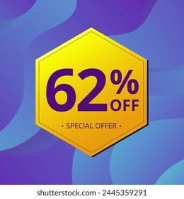 62% Sale and Discount Label. Sixty two percent Sale Discount label Geometric design. Abstract Blue and Yellow Hexagon. Vector illustration.