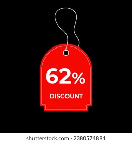 62% sesenta y dos por ciento de descuento de etiquetas de precio rojo. Oferta especial, etiqueta de descuento de compra. Tarjeta promocional de venta. Ilustración del vector