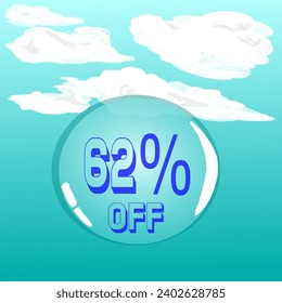 62% burbuja transparente de jabón en cielo azul para descuento y promoción, colores azul y blanco