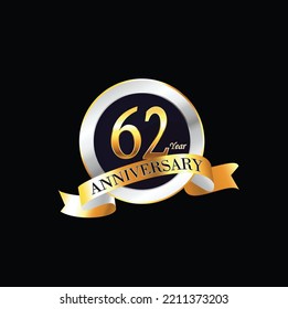 62 Year Anniversary celebration Vector Design with ring and ribbon. 62nd Anniversary celebration. Gold Luxury Banner of 62nd Anniversary celebration. sixty-second celebration card. Vector anniversary