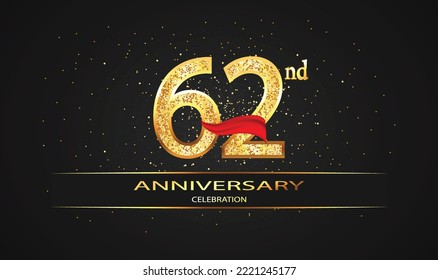 62 Year Anniversary celebration Vector Design with red ribbon and glitter. 62nd Anniversary celebration. Gold Luxury Banner of 62nd Anniversary. celebration card