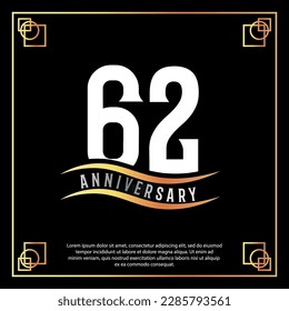 62 year anniversary logo design white golden abstract on black background with golden frame template illustration