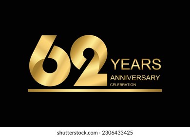 62 year anniversary vector banner template. gold icon isolated on black background.