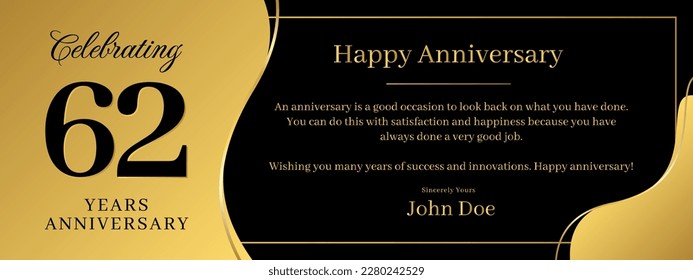 62 years anniversary, a banner speech anniversary template with a gold background combination of black and text that can be replaced
