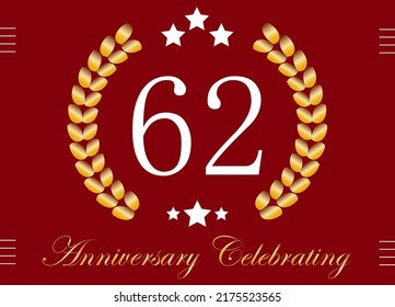 62 years anniversary celebration. Birthday date vector with gold crown on red background.