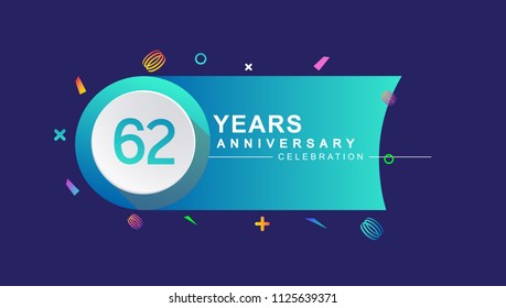 62 years anniversary celebration with colorful design, circle and ribbon isolated on dark background
