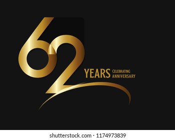 62 years anniversary celebration design. anniversary logo with swoosh and golden color isolated on black background, vector design for greeting card and invitation card.