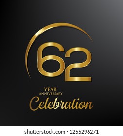 62 years anniversary celebration. Anniversary logo with swoosh and elegance golden color isolated on black background, vector design for celebration, invitation card, and greeting card