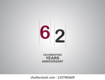 62 years anniversary celebration logotype. anniversary logo with red and black color isolated on white background, vector design for celebration, invitation card, and greeting card