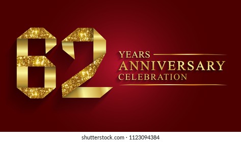 62 years anniversary celebration logotype style gift paper. Logo ribbon golden number on red background.