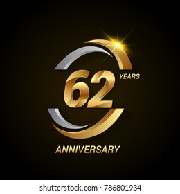 62 Years Anniversary Celebration Logotype. Golden Elegant Vector Illustration with Swoosh, Isolated on Black Background can be use for Celebration, Invitation, and Greeting card
