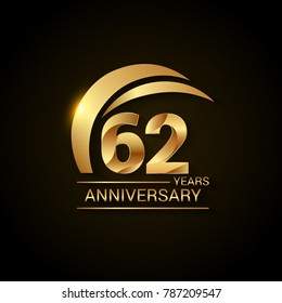 62 Years Anniversary Celebration Logotype. Golden Elegant Vector Illustration  with Gold Swoosh,  Isolated on Black Background can be use for Celebration, Invitation, and Greeting card