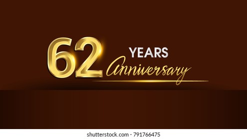 62 years anniversary celebration logotype. anniversary logo with golden color and gold confetti isolated on dark background, vector design for celebration, invitation card, and greeting card