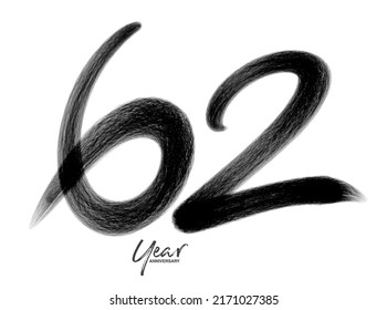 62 Years Anniversary Celebration Vector Template, 62 Years  Logo Design, 62th Birthday, Black Lettering Numbers Brush Drawing Hand Drawn Sketch, Number Logo Design Vector Illustration