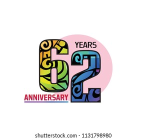 62 years anniversary with colorful tribal and pink circle. Vector illustration isolated on white background